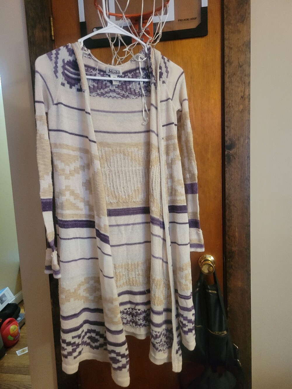 Mudd Cream, Purple & Tan Hooded Open-Front Cardigan